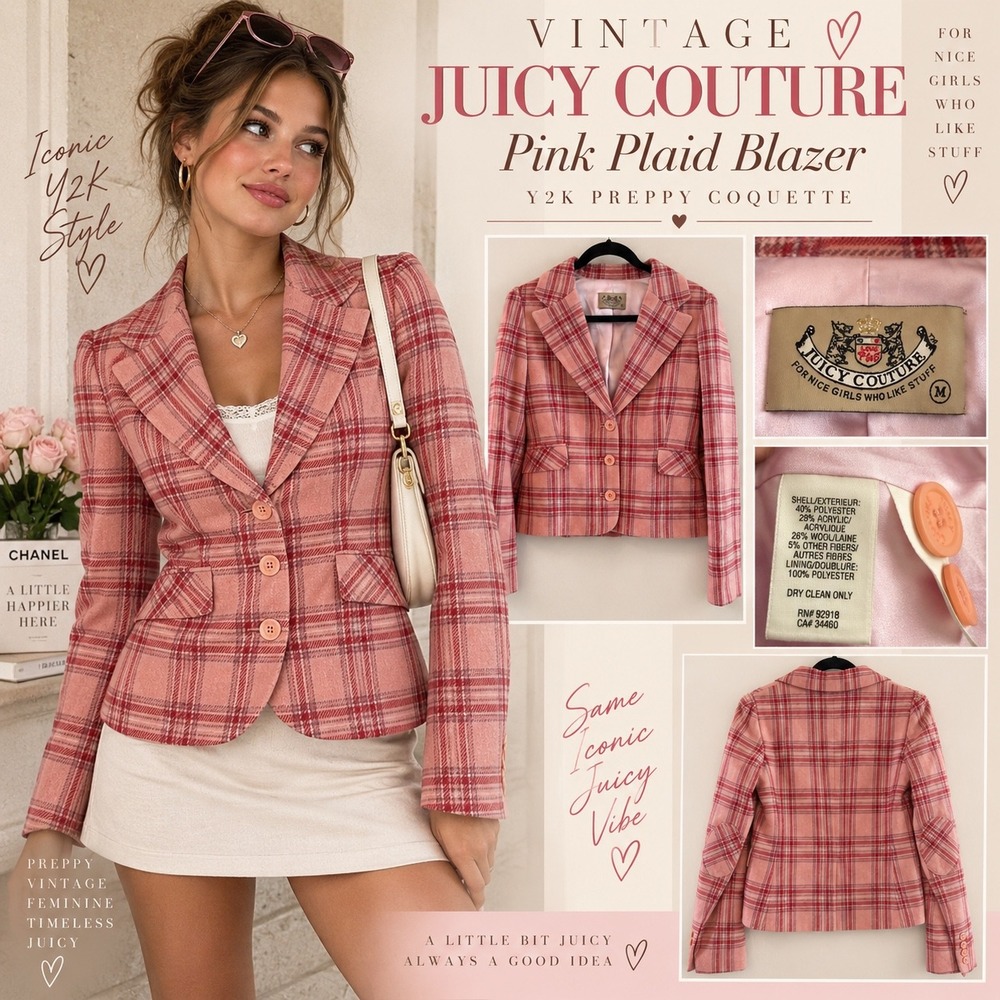 Vintage Juicy Couture Y2K Pink Plaid Blazer M Preppy Coquette Clueless